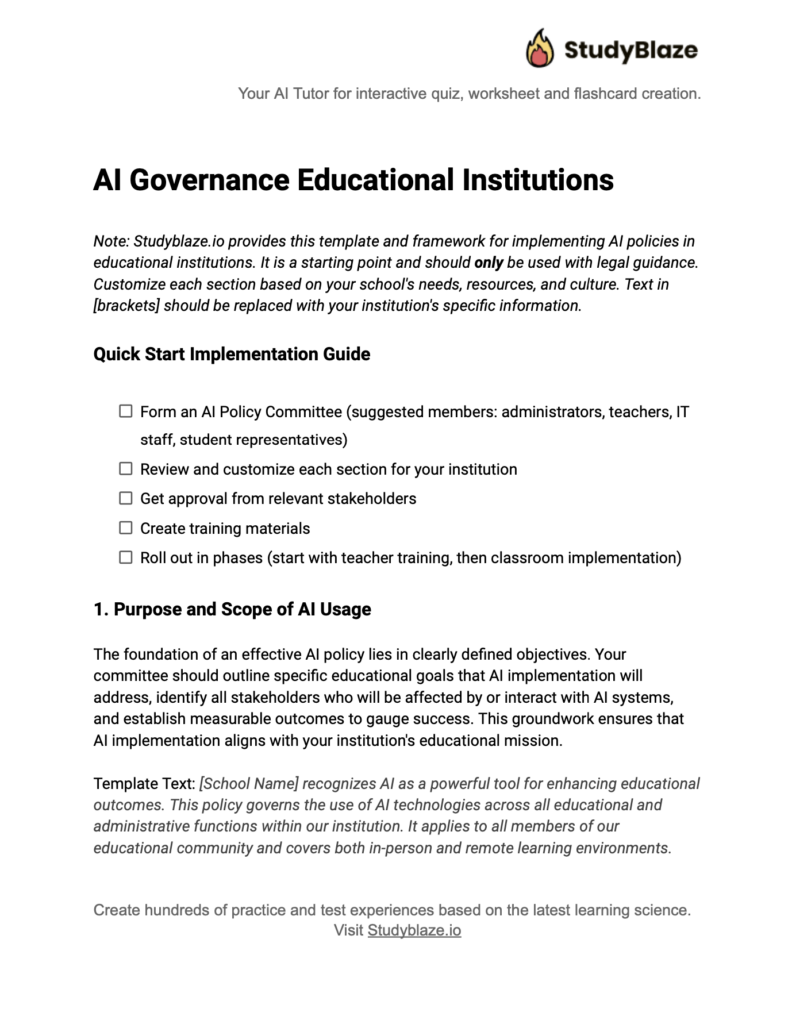 Ten szablon Polityki korzystania ze sztucznej inteligencji zapewnia instytucjom edukacyjnym ustrukturyzowane ramy do skutecznego zarządzania integracją sztucznej inteligencji w nauczaniu, zaangażowaniu studentów i procesach administracyjnych. Zawiera szczegółowe sekcje dotyczące akceptowalnych praktyk sztucznej inteligencji, uczciwości akademickiej, prywatności i uczciwości, pomagając szkołom zająć się kwestiami etycznymi, chronić dane i wspierać przejrzyste korzystanie ze sztucznej inteligencji, co czyni go niezbędnym narzędziem dla instytucji, które chcą odpowiedzialnie wykorzystywać sztuczną inteligencję w edukacji.